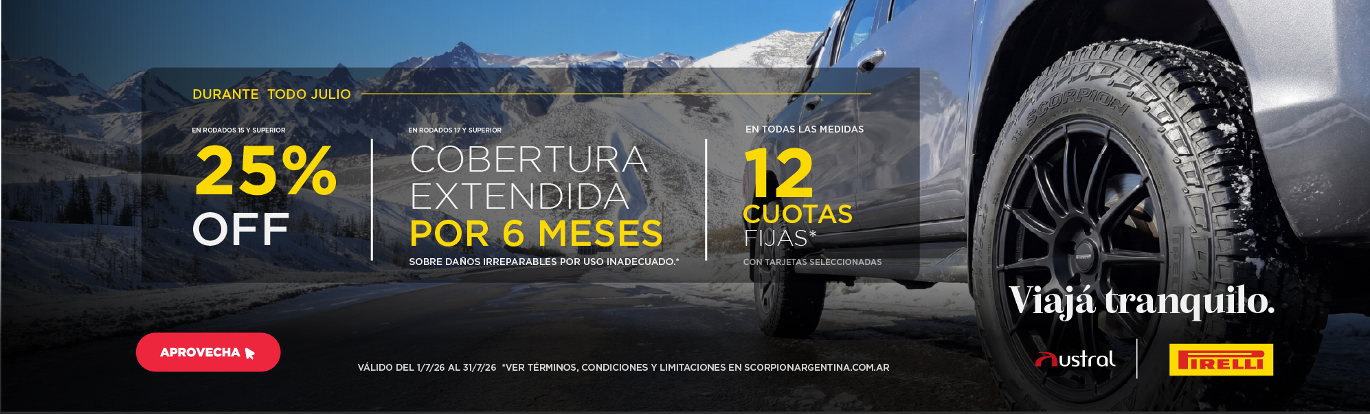 Promo Pirelli de julio con 25% de descuento en rodados 15 o superior, cobertura extendida por 6 meses y 12 cuotas fijas.